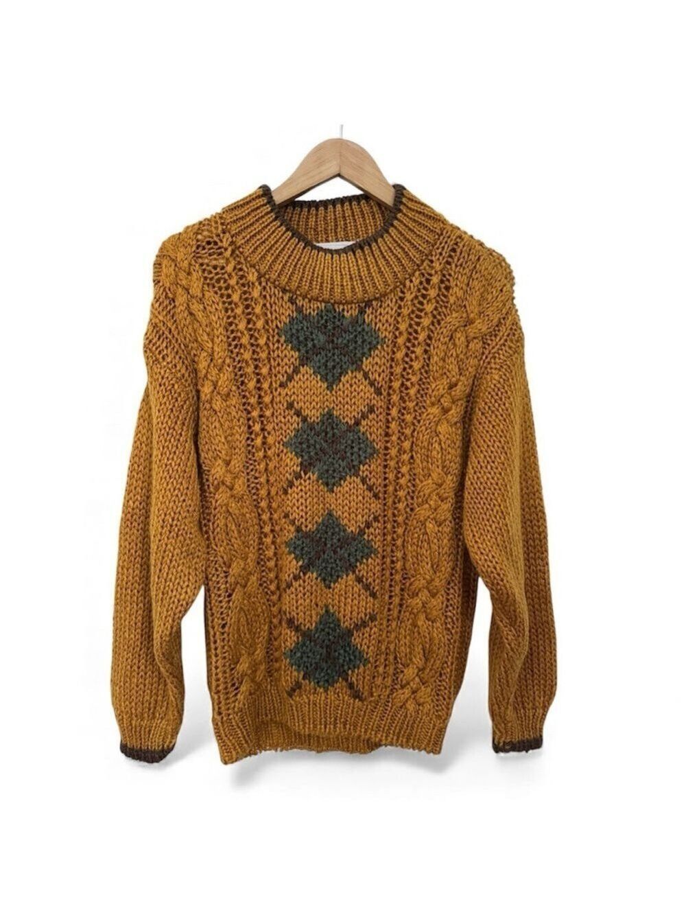 Vintage 80s Chunky Knit Sweater Cable Argyle Mustard